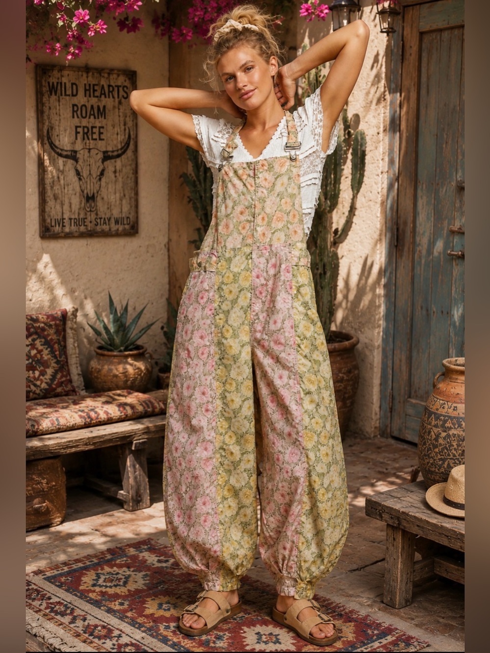 POL Rose Lemon Floral Balloon-Leg Overalls